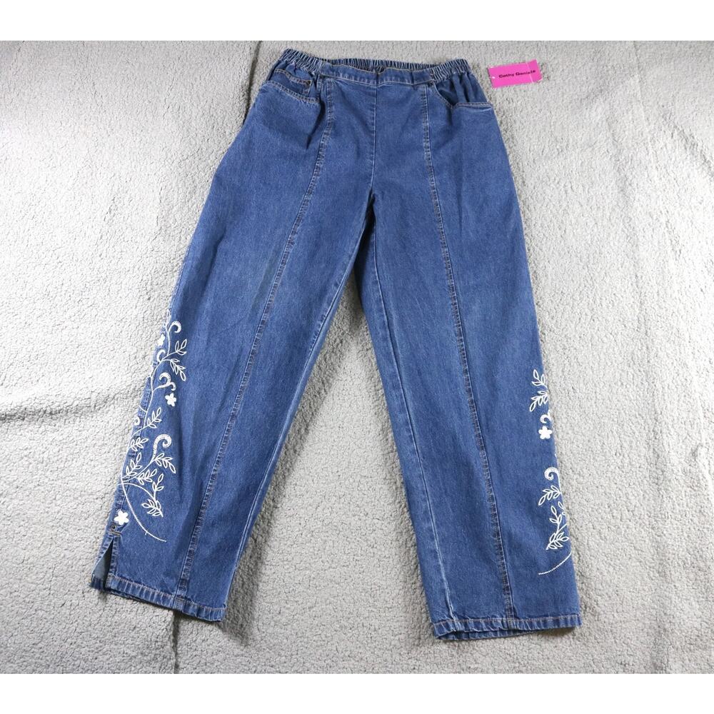 New Cathy Daniels Jeans Large Blue Denim Embroidered White Floral Vintage Pants